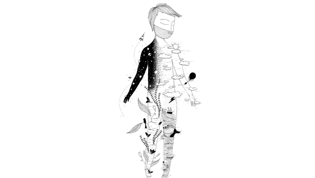 Disegno: una persona a occhi chiusi il cui corpo si apre su un universo di stelle, pianeti e uccelli